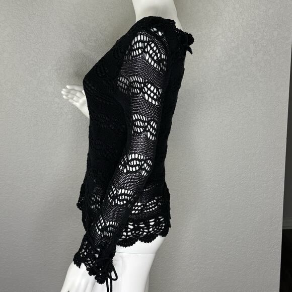 Y2K JOSEPH A. Womens Sweater Open Knit Crochet Bell Slv Black Whimsigoth Size S - Picture 3 of 7